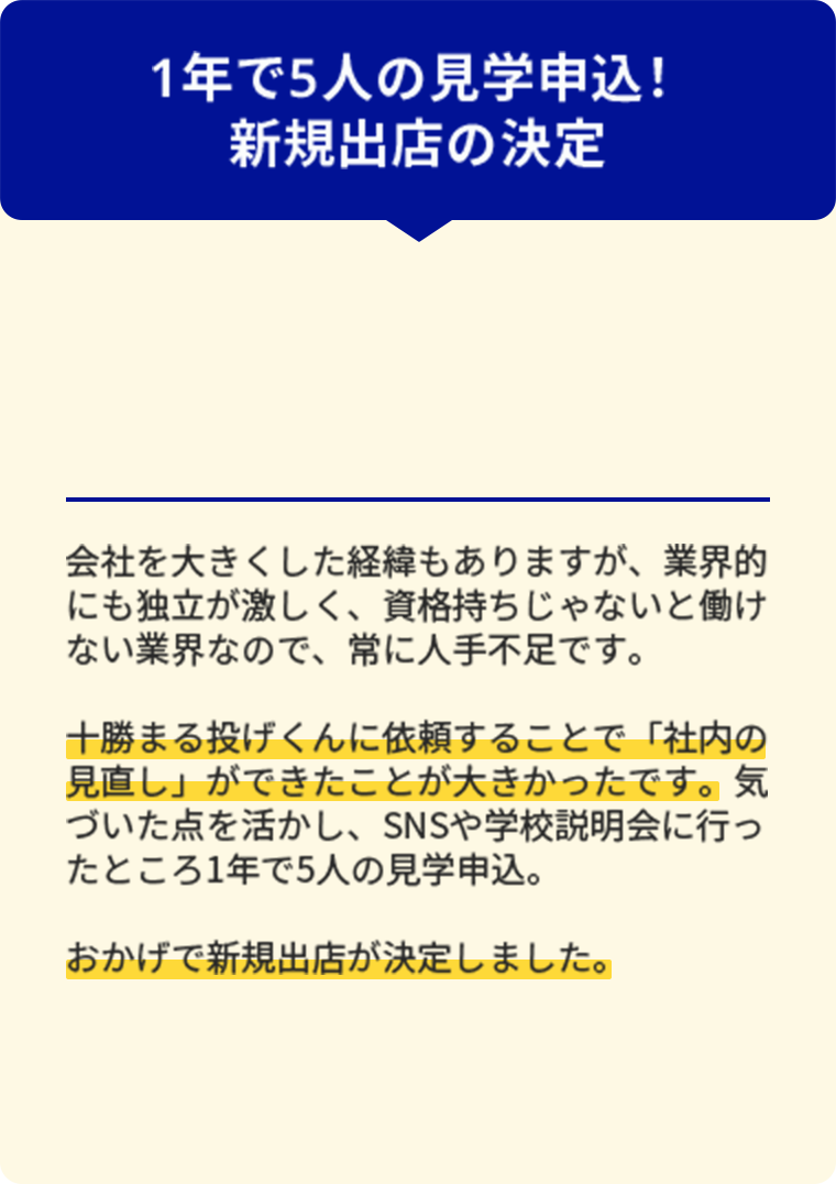 1年で5人の見学申し込み新規出店の決定